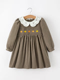 Fall Girls Pumpkin Smocked Eyelet Collar Corduroy Dress