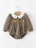 Fall Baby Girls Pumpkin Smocked Eyelet Collar Romper