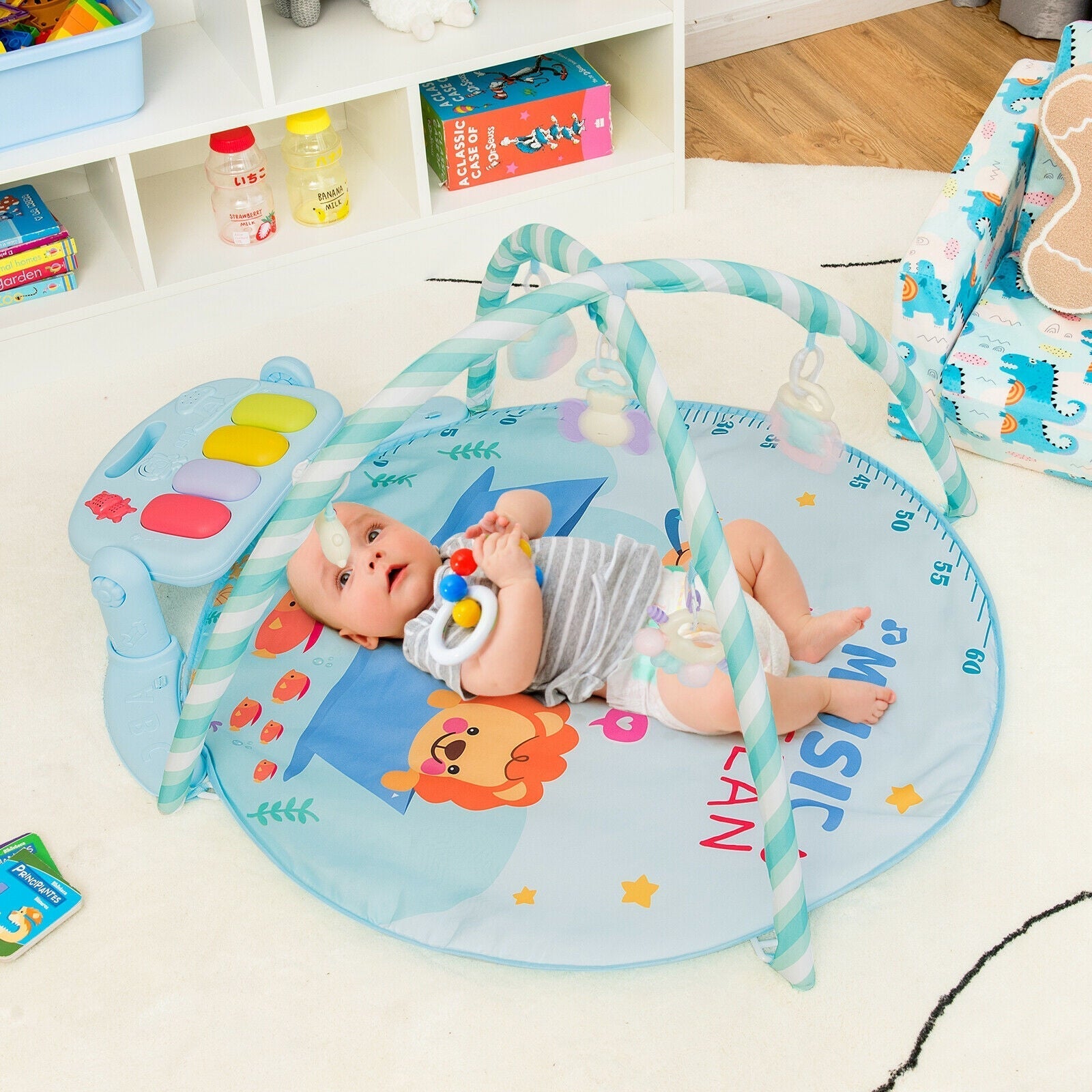Baby Activity Play Piano Gym Mat with 5 Hanging Sensory Toys
