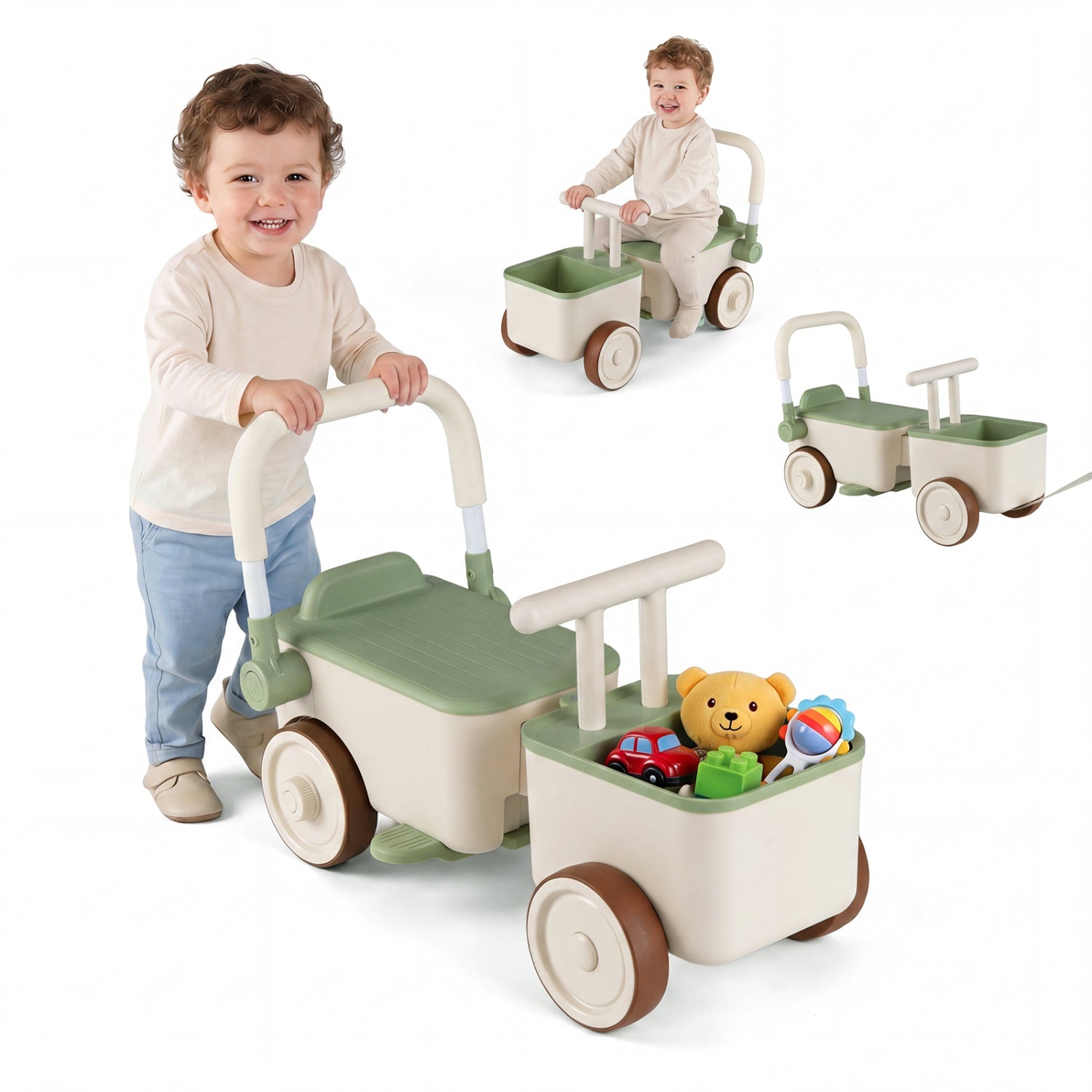 3-in-1 Kids Ride On Push Car with Rope and Storage Basket