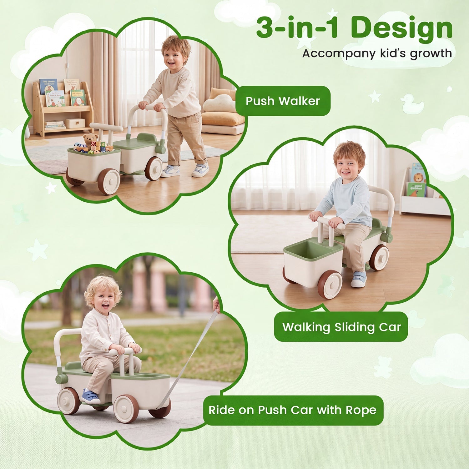 3-in-1 Kids Ride On Push Car with Rope and Storage Basket