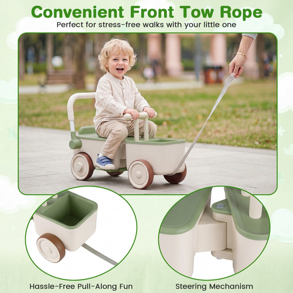 3-in-1 Kids Ride On Push Car with Rope and Storage Basket