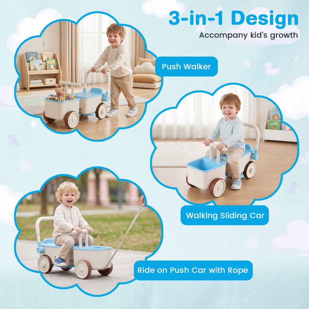 3-in-1 Kids Ride On Push Car with Rope and Storage Basket