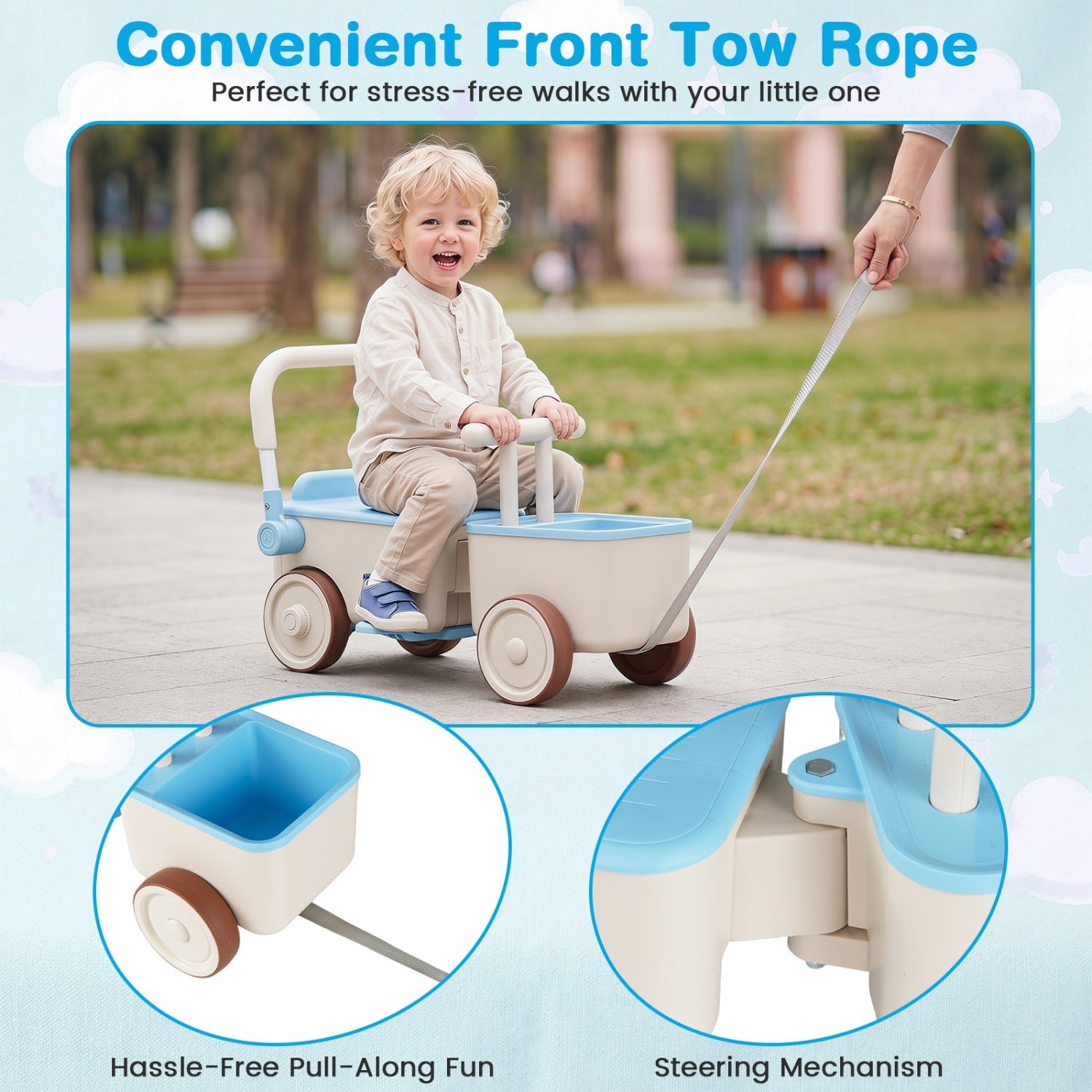 3-in-1 Kids Ride On Push Car with Rope and Storage Basket