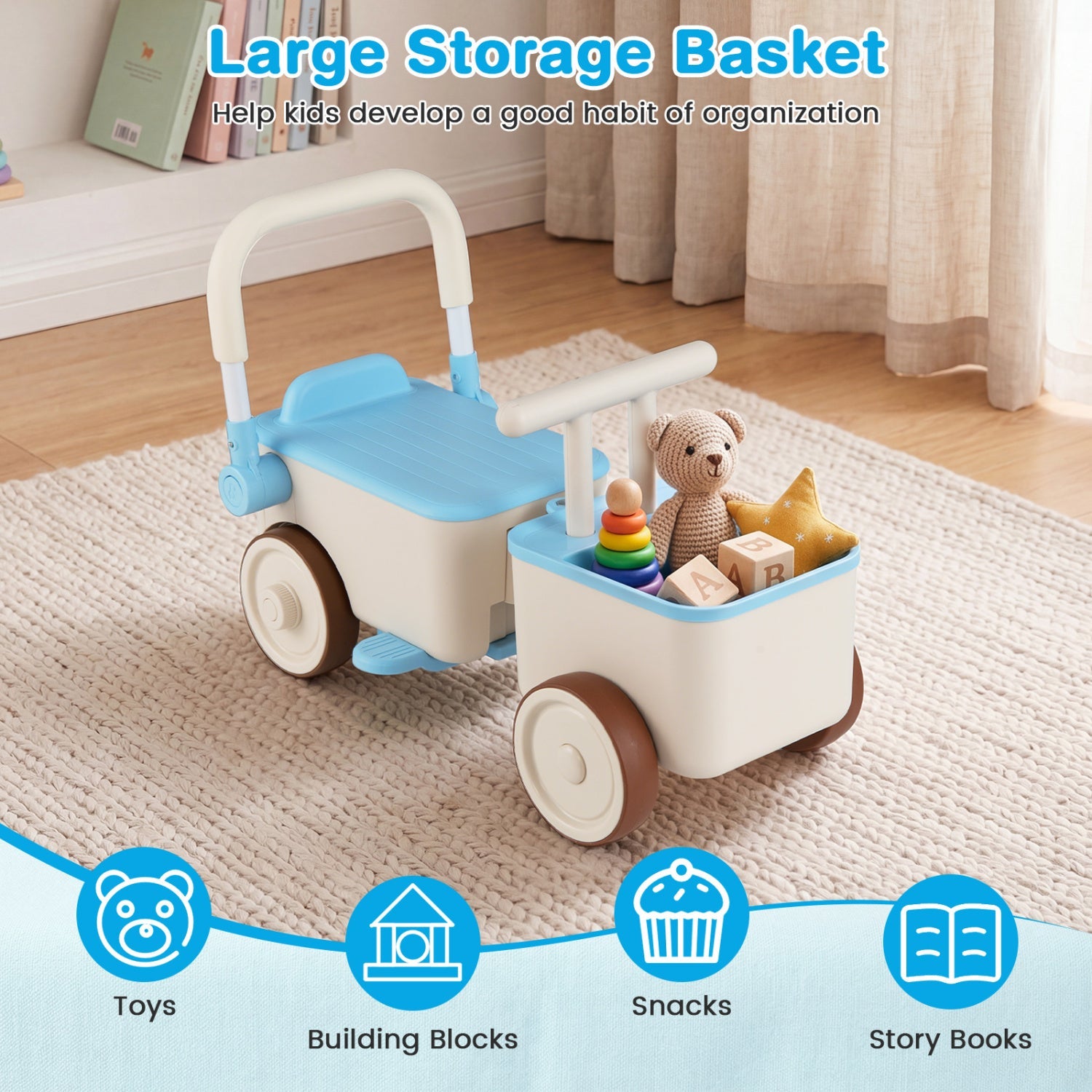 3-in-1 Kids Ride On Push Car with Rope and Storage Basket