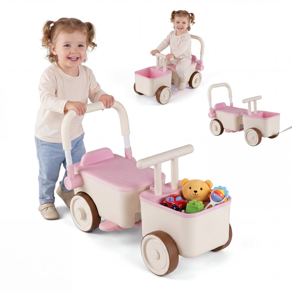 3-in-1 Kids Ride On Push Car with Rope and Storage Basket