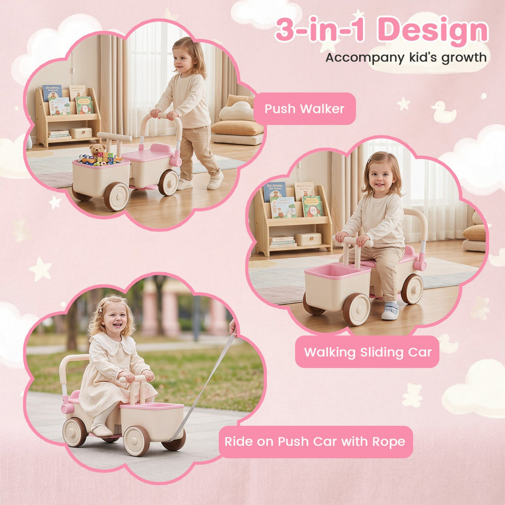 3-in-1 Kids Ride On Push Car with Rope and Storage Basket