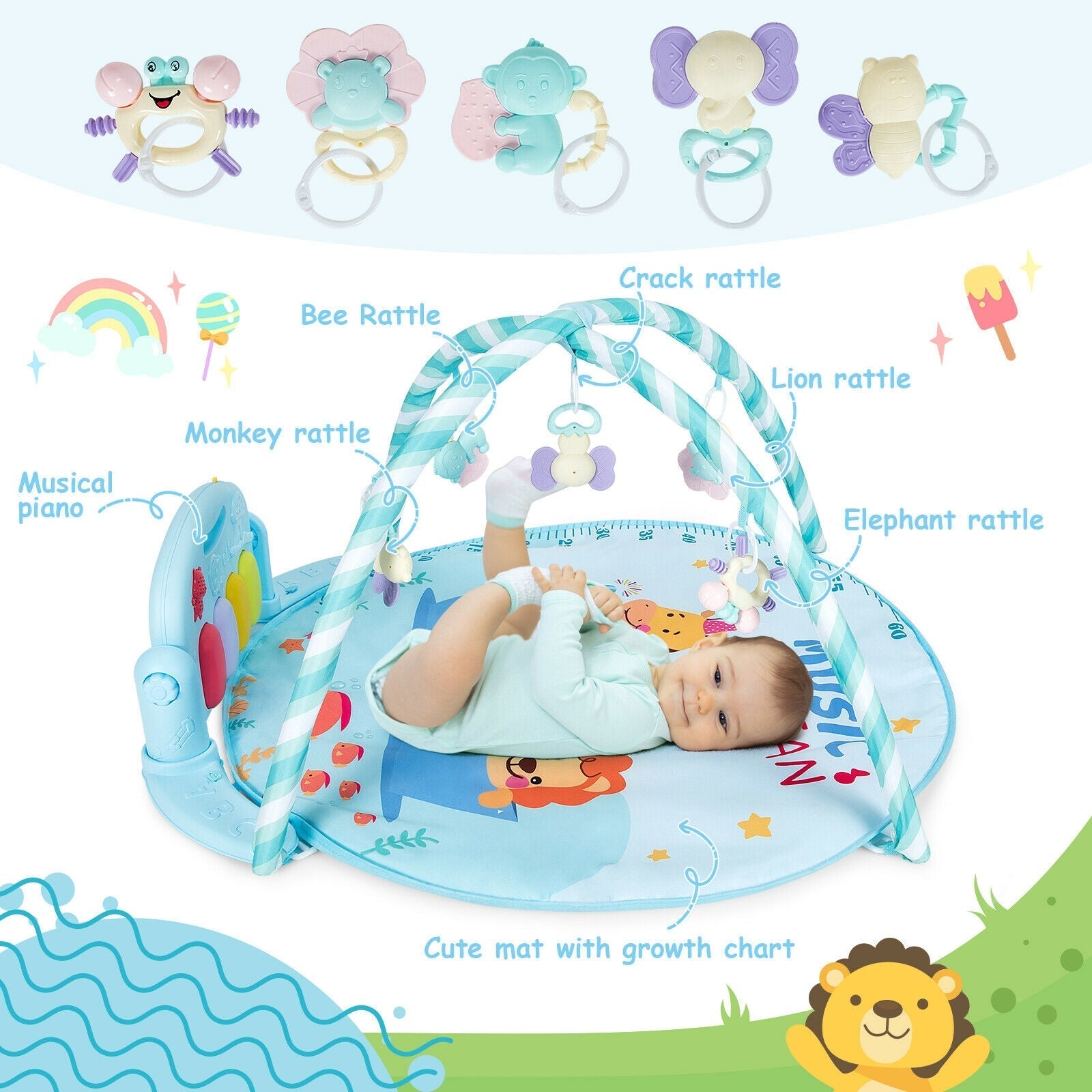 Baby Activity Play Piano Gym Mat with 5 Hanging Sensory Toys