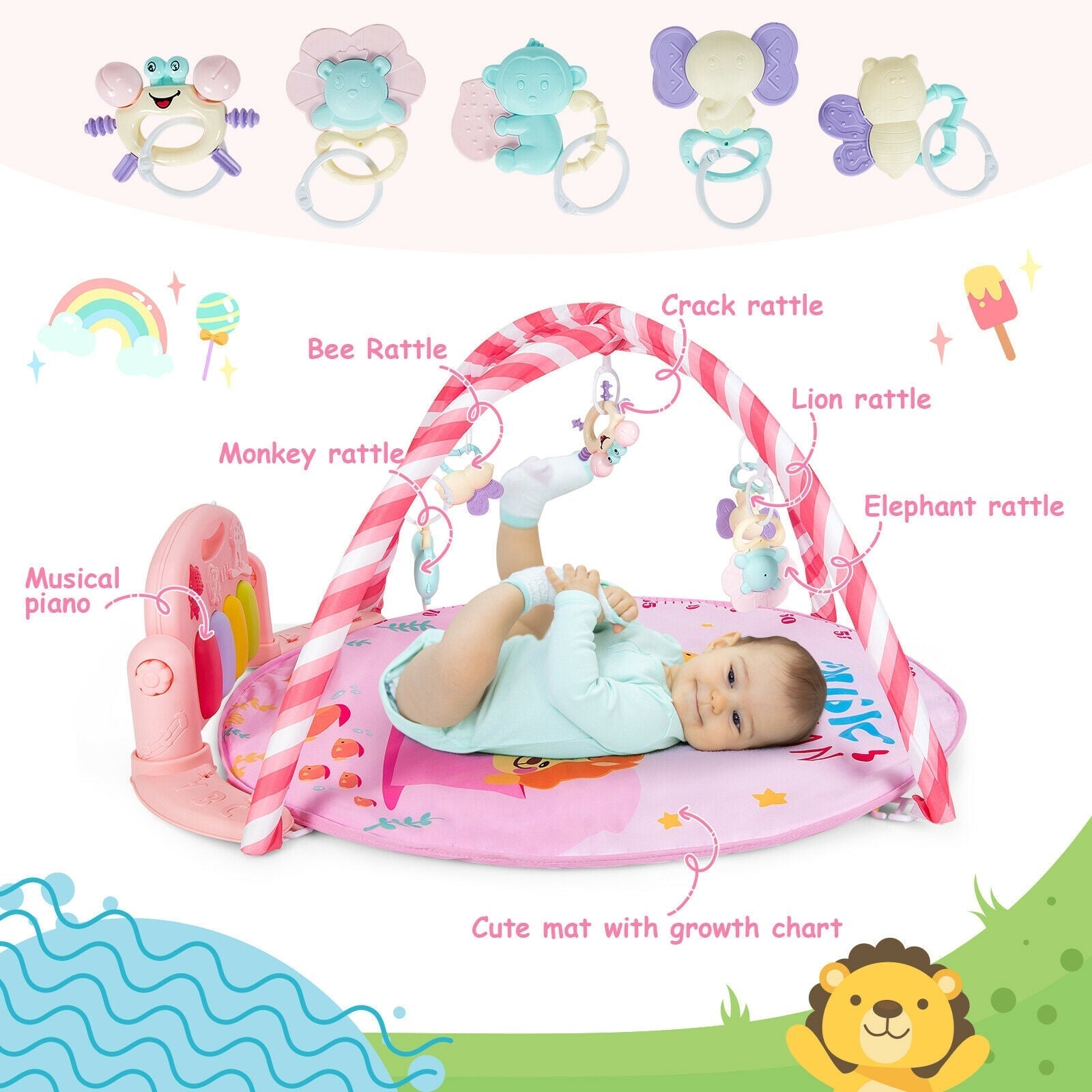 Baby Activity Play Piano Gym Mat with 5 Hanging Sensory Toys