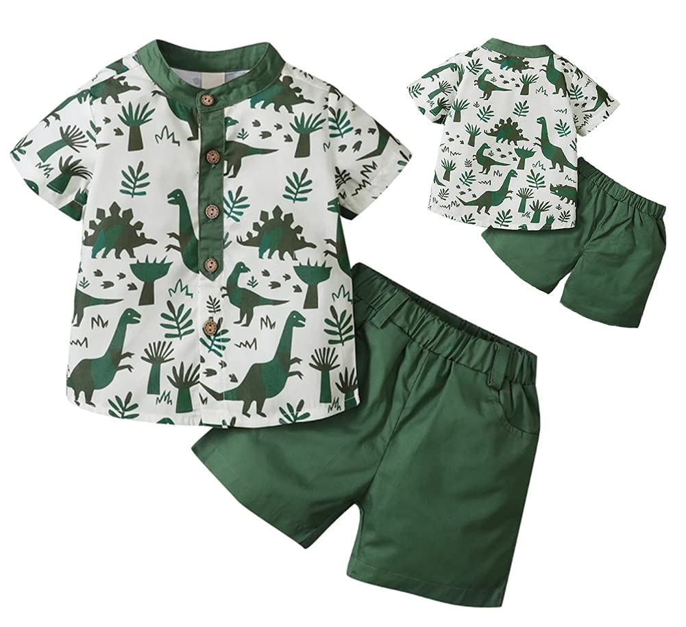 Styles I Love Toddler Little Boys Green Dinosaurs Printed Henley Shirt and Shorts 2pcs Short Sleeve Outfit Summer Clothes