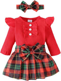 Stylesilove Infant Baby Girls Ribbed Long Sleeve Cotton Bodysuit, Plaid Skirt & Headband 3pcs Christmas Holiday Outfit