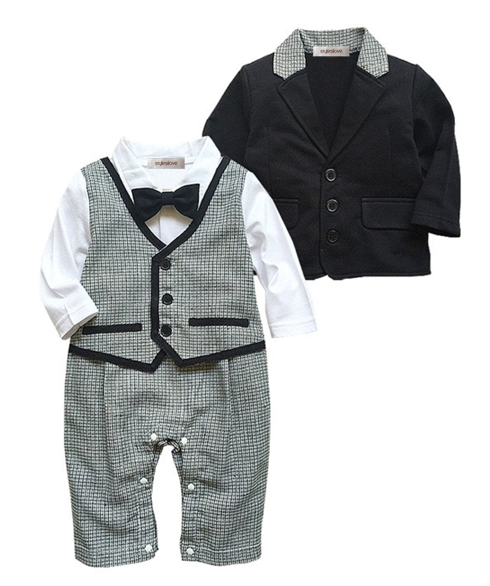 stylesilove Newborn Infant Toddler Baby Boy Tuxedo Romper Onesie and Jacket 2-Piece