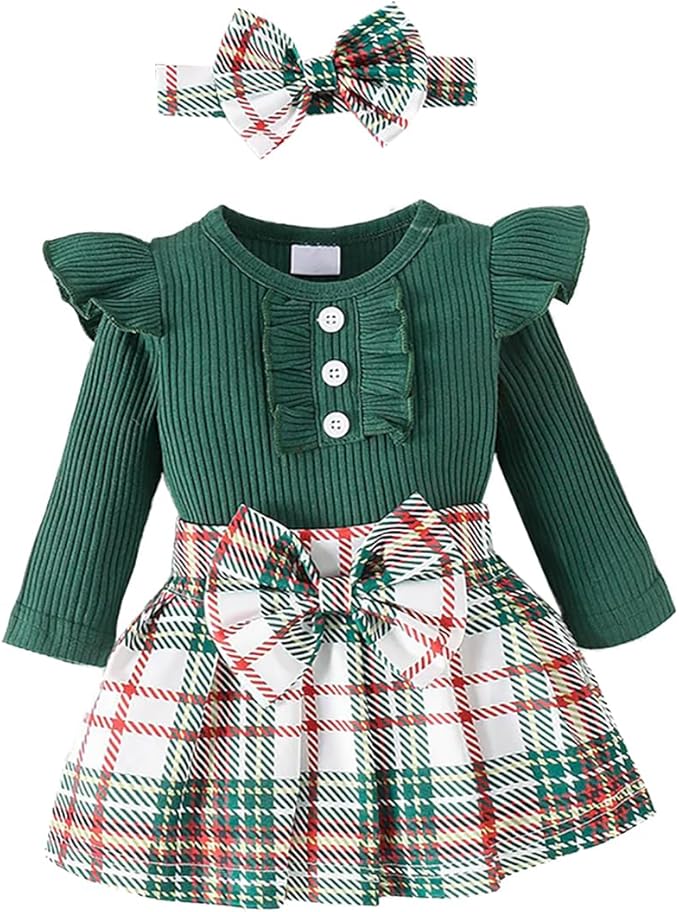 Stylesilove Infant Baby Girls Ribbed Long Sleeve Cotton Bodysuit, Plaid Skirt & Headband 3pcs Christmas Holiday Outfit