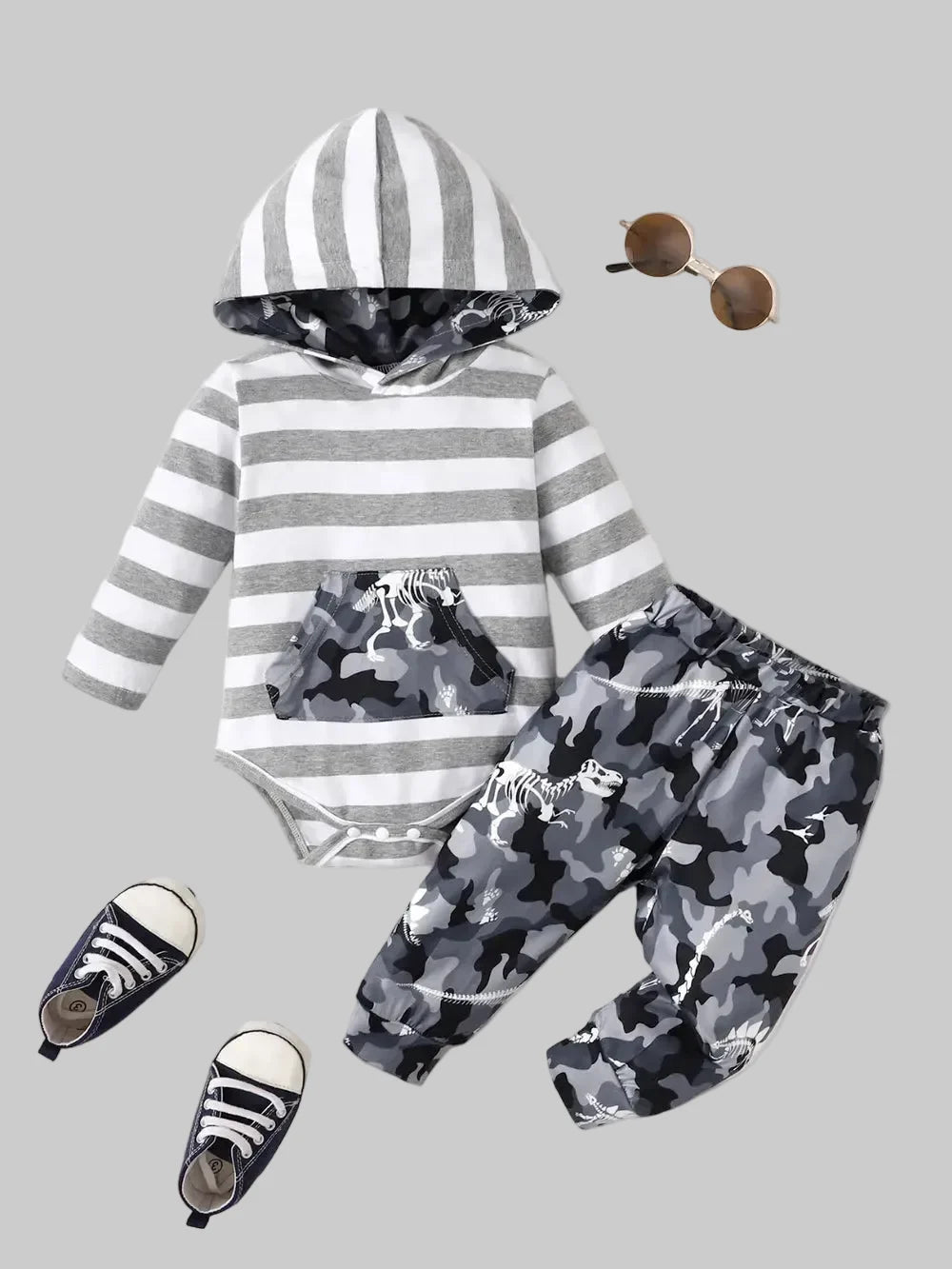 Baby and Toddler Girls Striped Hooded Bodysuit and Camouflage Pants Set