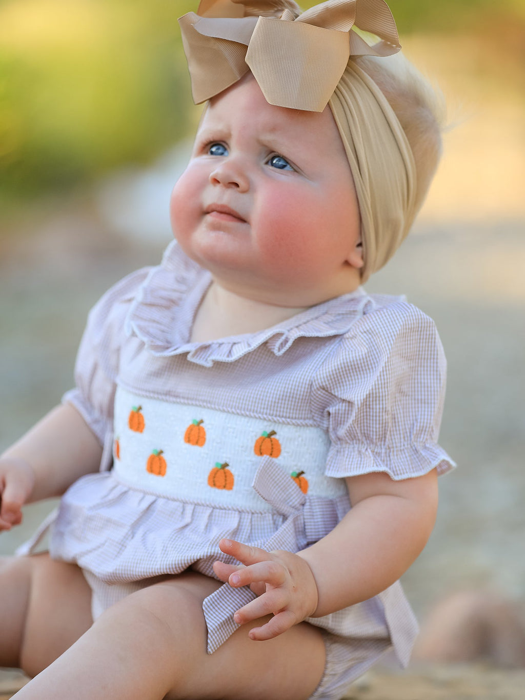 Fall Halloween & Thanksgiving Pumpkin Embroidery Smock Plaid Baby Girl Romper