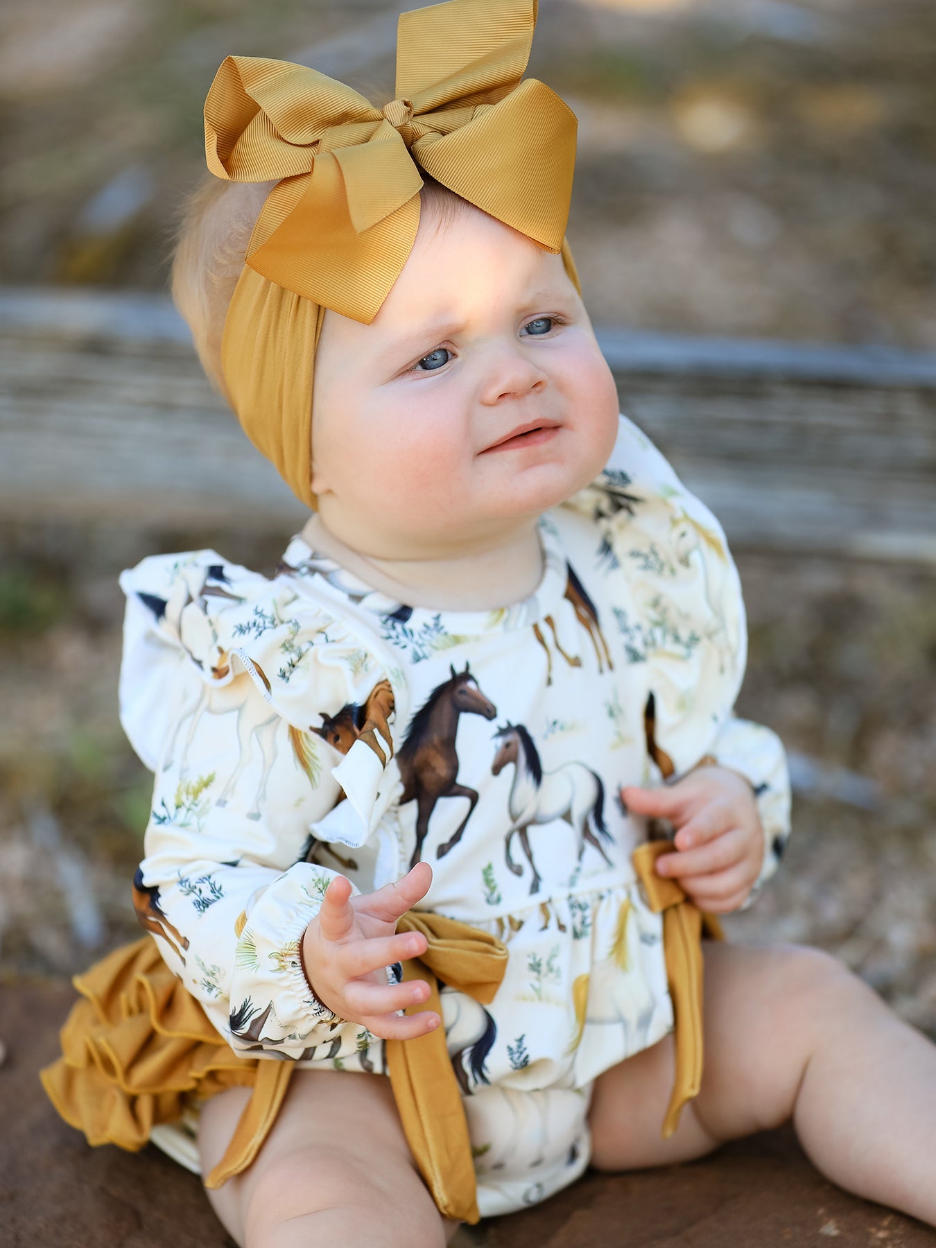Western Horse Girls Romper Bow Ruffle Long Sleeve