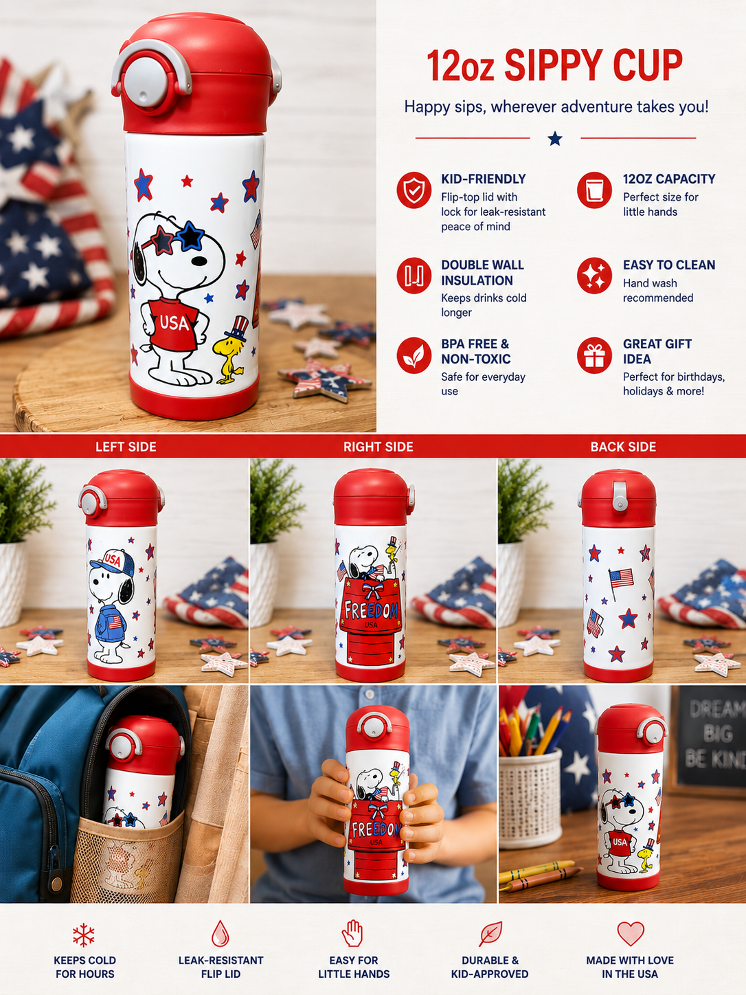 Patriotic Snoopy Kids 12oz Sippy Cup