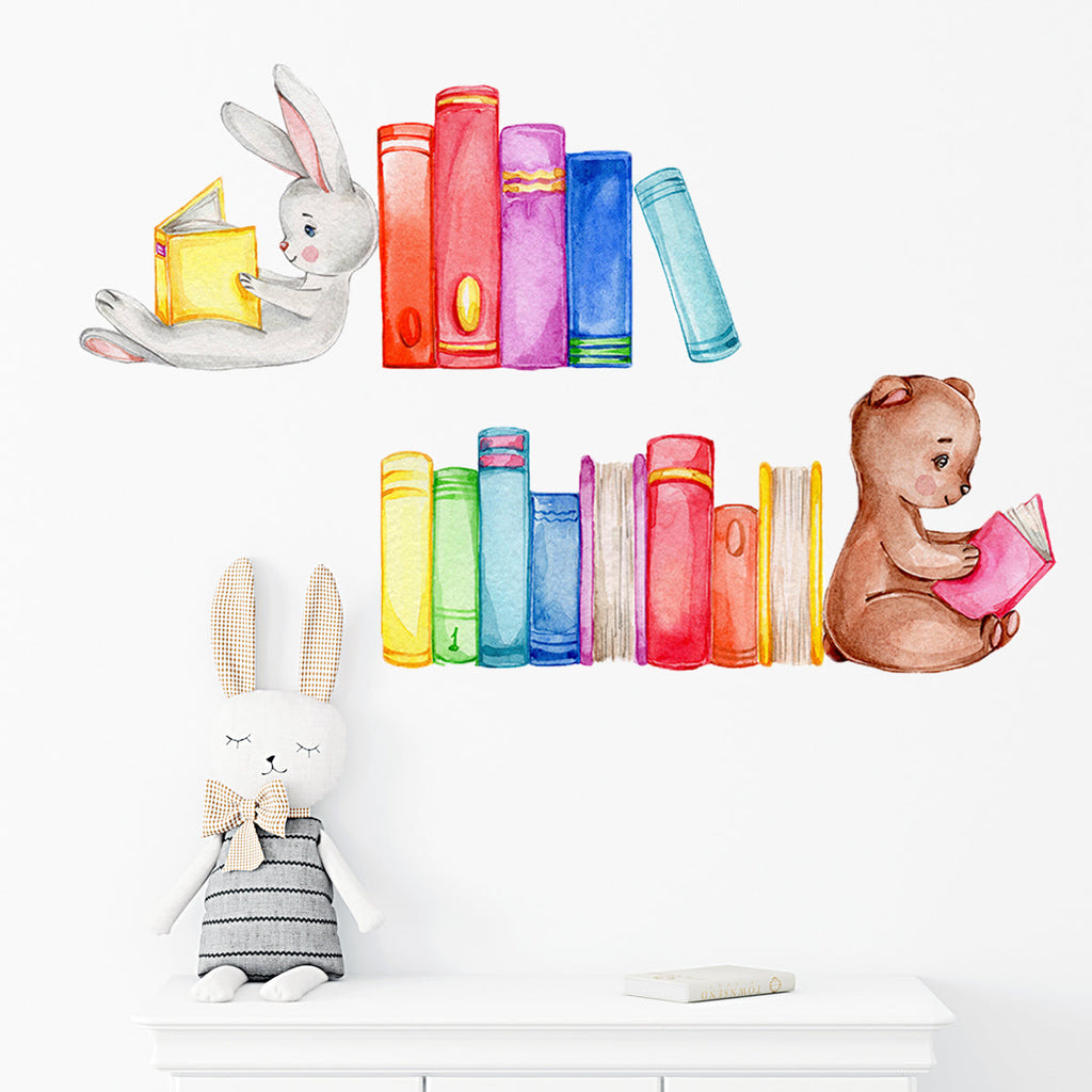 Kids Wall Sticker Animals with Books Wall Decal Set