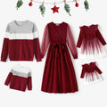 Family Matching Color-Block Tops and Flutter Dresses Sets: Burgundy
