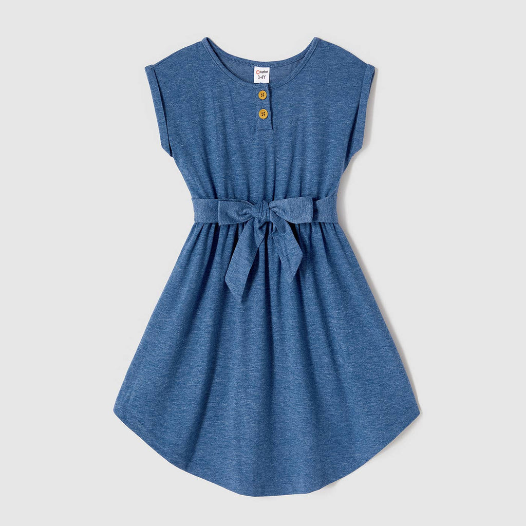 Family Matching Blue Cap-sleeve Belted Midi Dresses and Tee: Blue