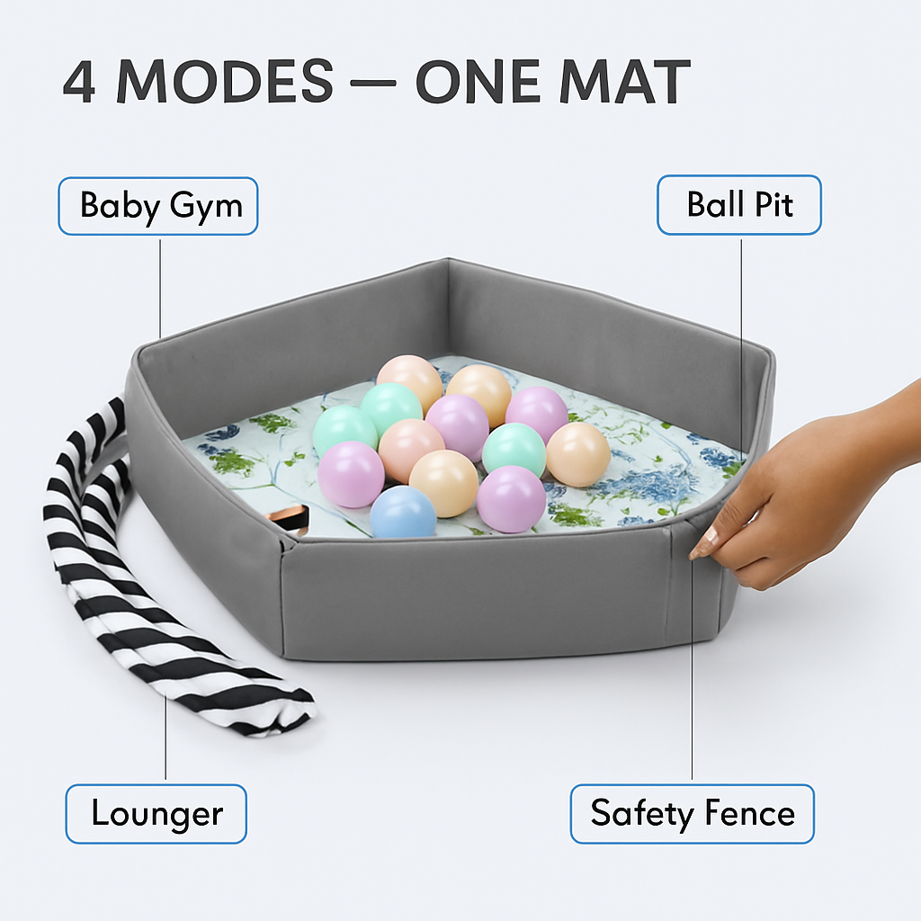 4-in-1 Baby Gym Play Mat: Lounger, Ball Pit & Fence