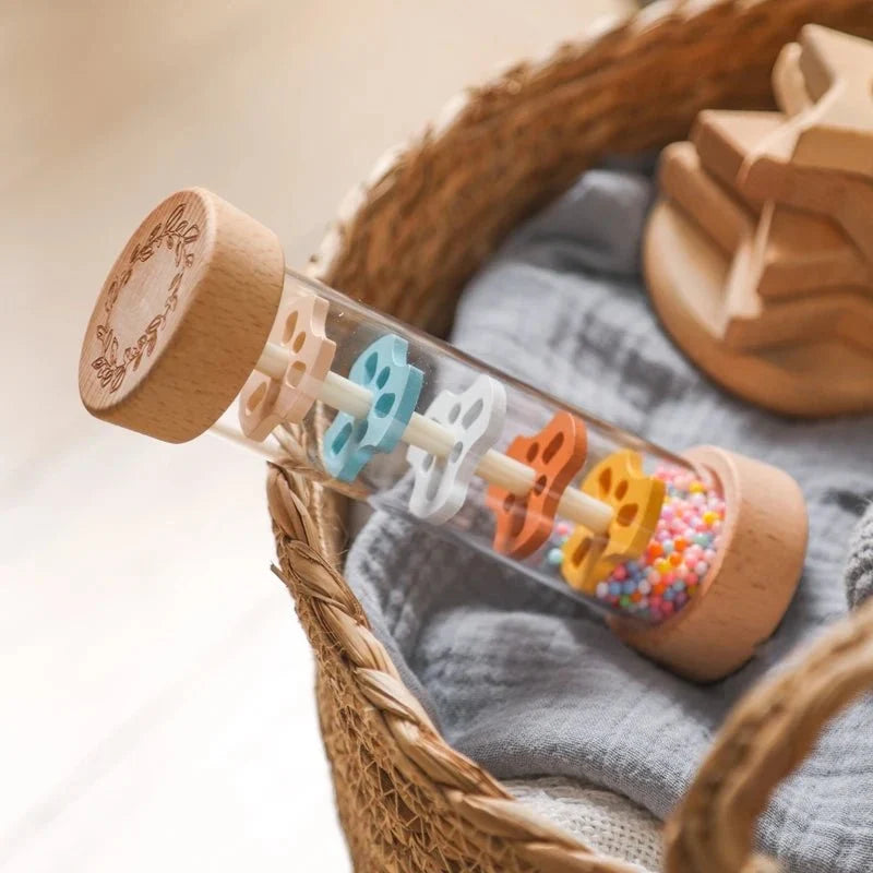 Montessori Wooden Baby Rain Stick | Rainbow Hourglass Sensory Music Rattle Toy