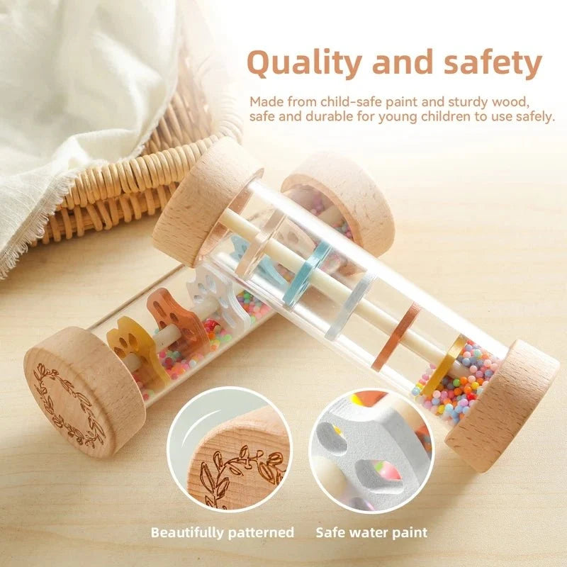 Montessori Wooden Baby Rain Stick | Rainbow Hourglass Sensory Music Rattle Toy