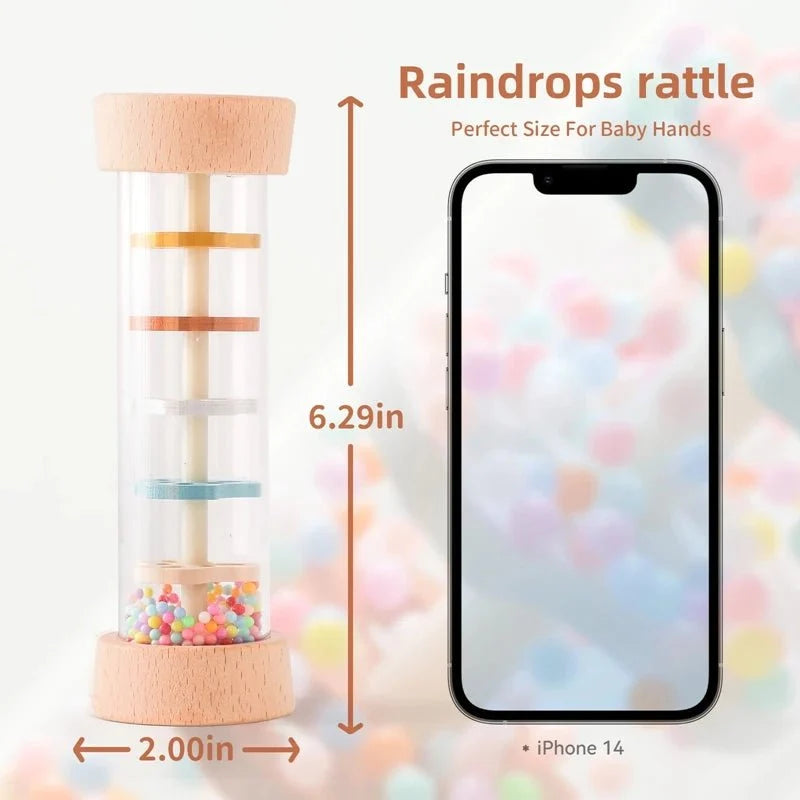 Montessori Wooden Baby Rain Stick | Rainbow Hourglass Sensory Music Rattle Toy