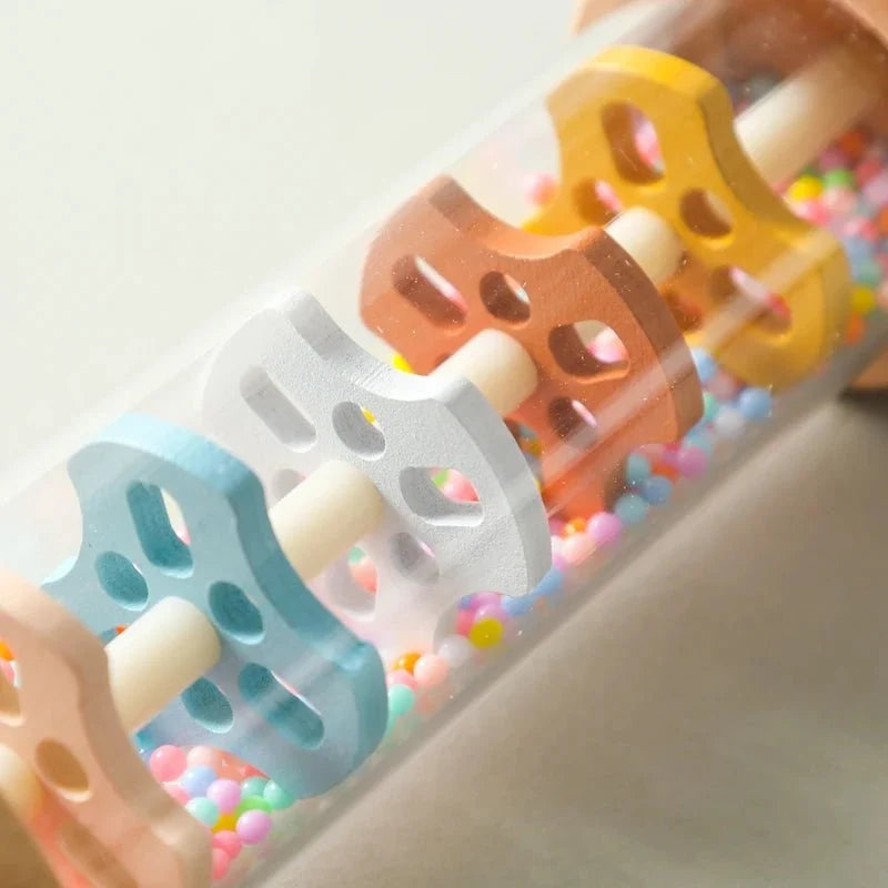 Montessori Wooden Baby Rain Stick | Rainbow Hourglass Sensory Music Rattle Toy
