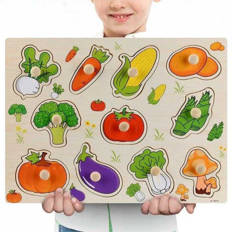 Montessori Wooden Puzzles Hand Grab Boards Toys Tangram Baby Educational Toys Cartoon Vehicle Animals Fruits 3D Puzzles